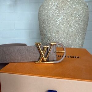 Louis Vuitton Taupe Leather Belt with Gold LV Buckle